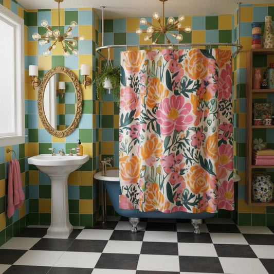 Flower Shower Curtain Funky Bright Stall Curtain Vintage Preppy Shower Curtain Colorful Fabric Bath Cover and Bath Mat