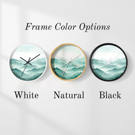 Mountain Wall Clock Contemporary Design Home Gift Mountain Art Teal Frame Nature Scene House Decor Birthday Present Living Room Wall Art