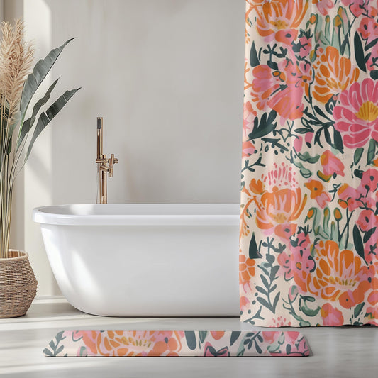 Boho Floral Shower Curtain Colorful Bathroom Decor Artistic Flower Pattern Bath Curtain Eclectic Home Bohemian Style Bright Pink Design