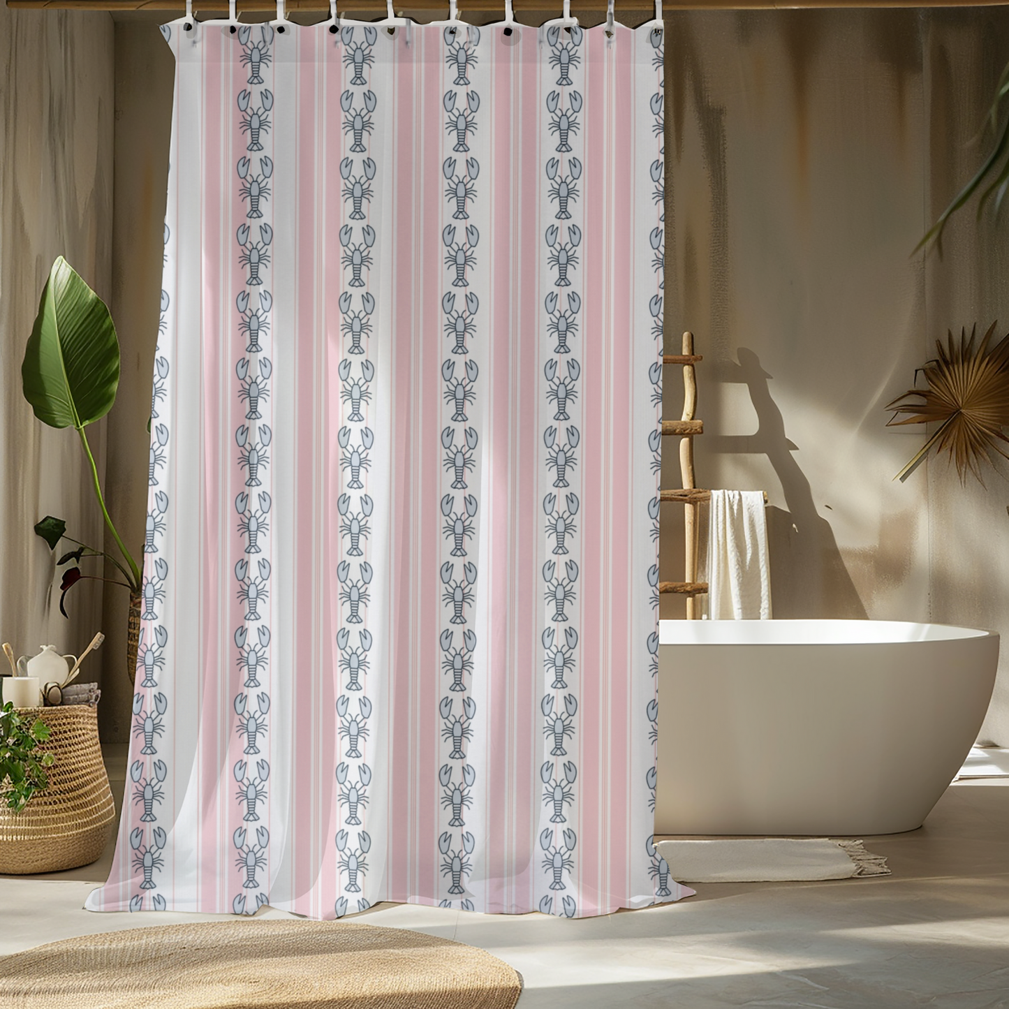 Shower curtain with pink and white pattern in a bathroom setting