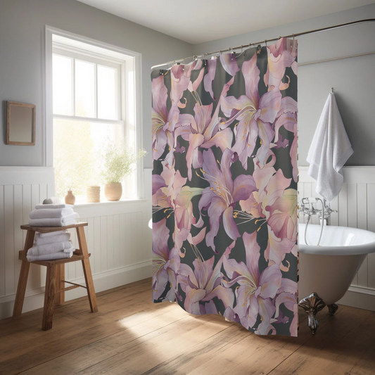 Bathroom with floral shower curtain, bathtub, and wooden stool with towels.