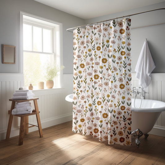 Bathroom with floral shower curtain, wooden stool with towels, and freestanding bathtub.