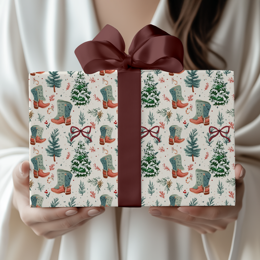 Gift box with Christmas-themed design and red ribbon held by a person