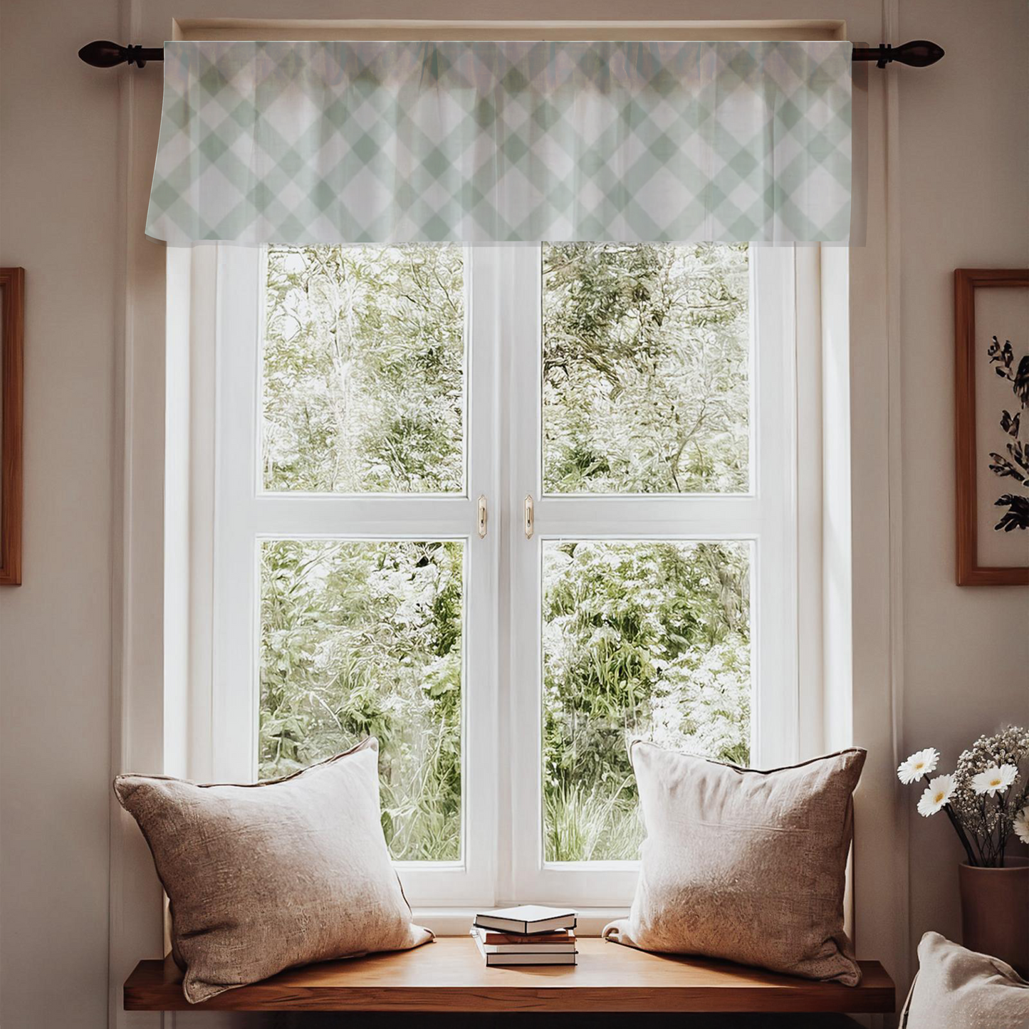 Window with checkered valence, wooden bench with pillows, and view of greenery outside.