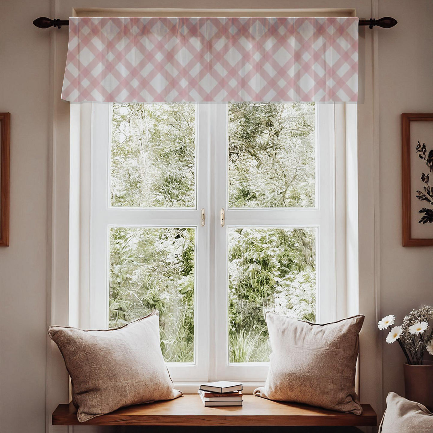 Window with pink checkered valance, white pillows on a wooden bench, and a view of greenery outside.