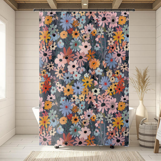 Cottage Style Bathroom Set Wildflower Design Shower Curtain Bath Mat Botanical Pattern Spring Theme Decoration Colorful Floral Accessories Pink Blue Yellow Orange Blooms Dark Gray Background Standard Size Beautiful Home Makeover Modern