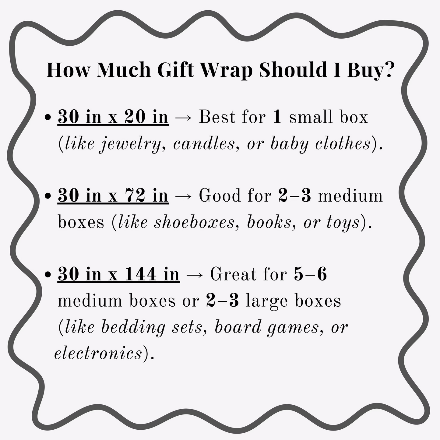 Guidelines for buying gift wrap based on box dimensions