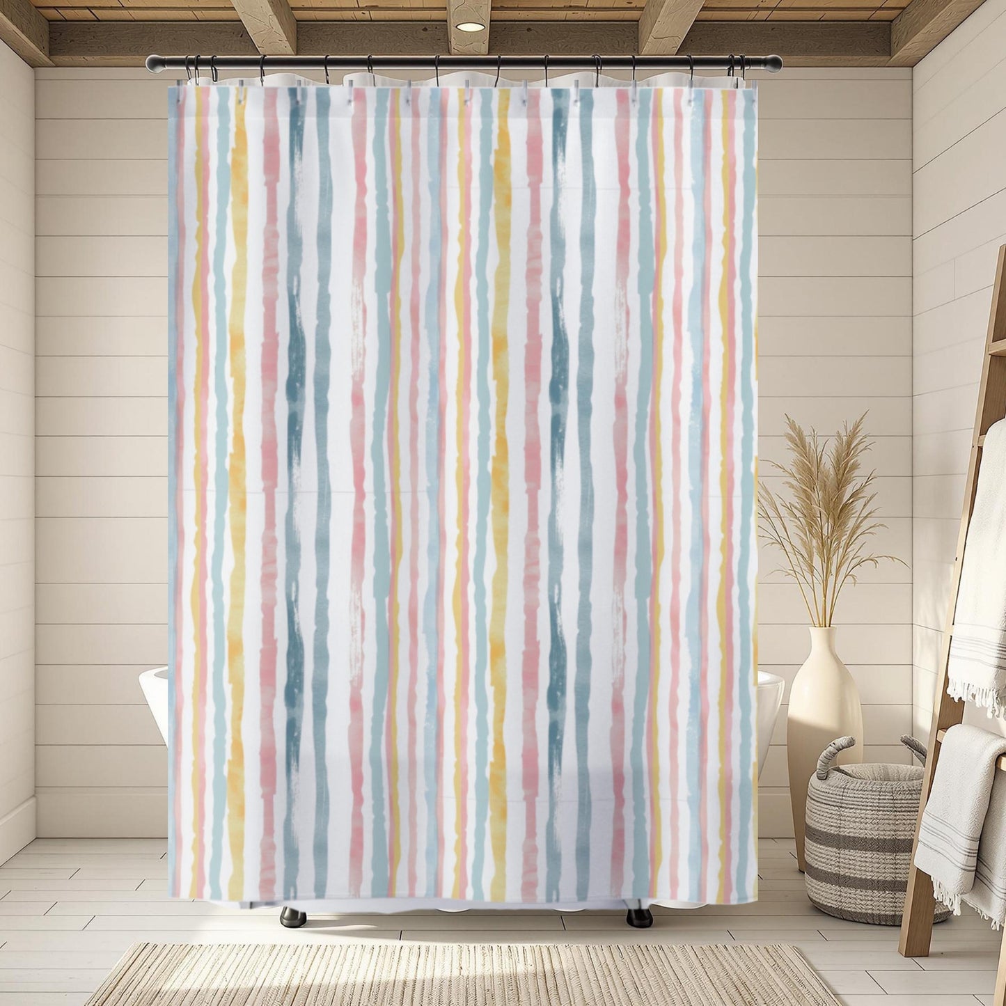 Pastel Stripe Shower Curtain & Bath Mat Set  Teen Bathroom Decor