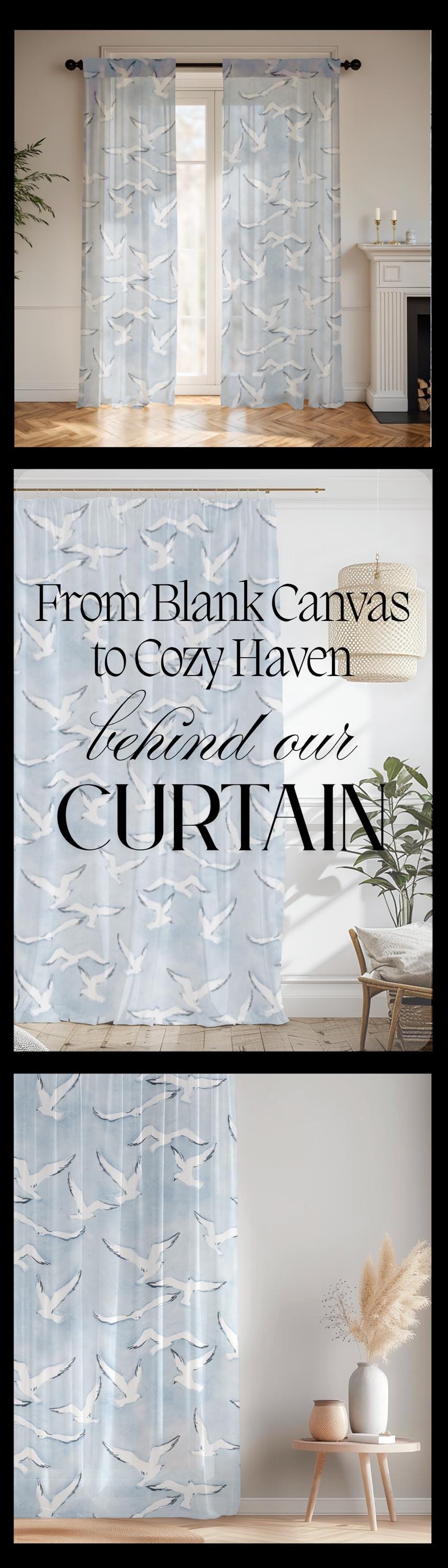 Modern Nautical Curtain Blue Sheer Panel Light Filtering Design Beach House Style Window Treatment Seagull Pattern Premium Construction Rod Pocket Feature Ocean Theme Living Room Essential Beautiful Coastal Look Machine Washable Material