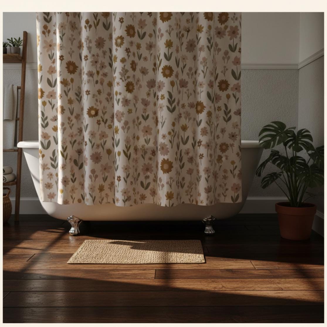 Floral Shower Curtain Farmhouse Bathroom Decor Neutral Flower Shower Curtain Rustic Bath Decor Country Style Bathroom Curtain