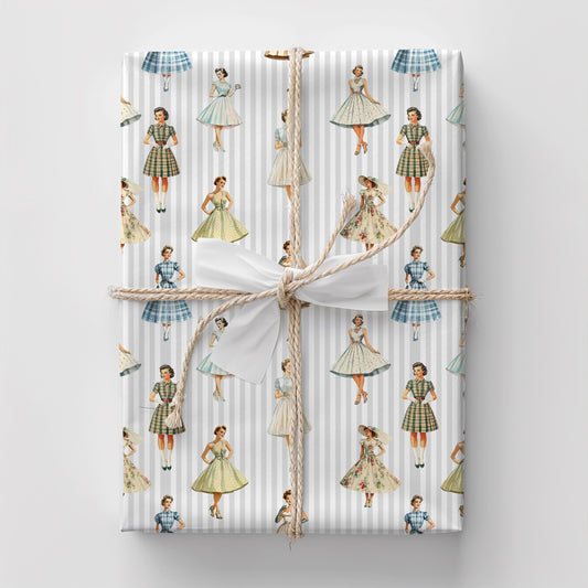 Vintage Bridal Shower Gift Wrap Elegant Wrapping Paper Vintage Women Pattern Wedding Shower Gift Wrap Feminine Stripe Paper Retro Vintage Design Gift Wrapping Paper Elegant Ladies Bridal Shower Gift Paper for Bride Wedding Party Wrapping
