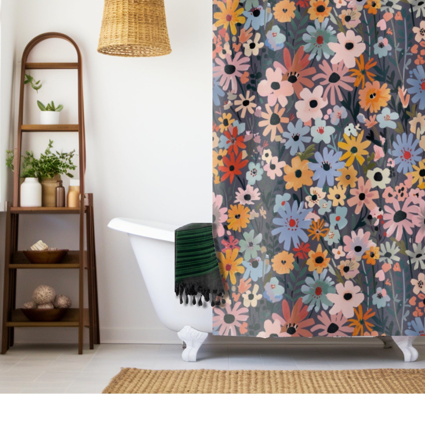 Floral Shower Curtain Bath Mat Set Wildflower Pattern Colorful Bathroom Accessories Spring Theme Home Decoration Pink Blue Yellow Orange Flowers Dark Gray Background Standard Size Modern Design Cottage Style Botanical Elements Nature