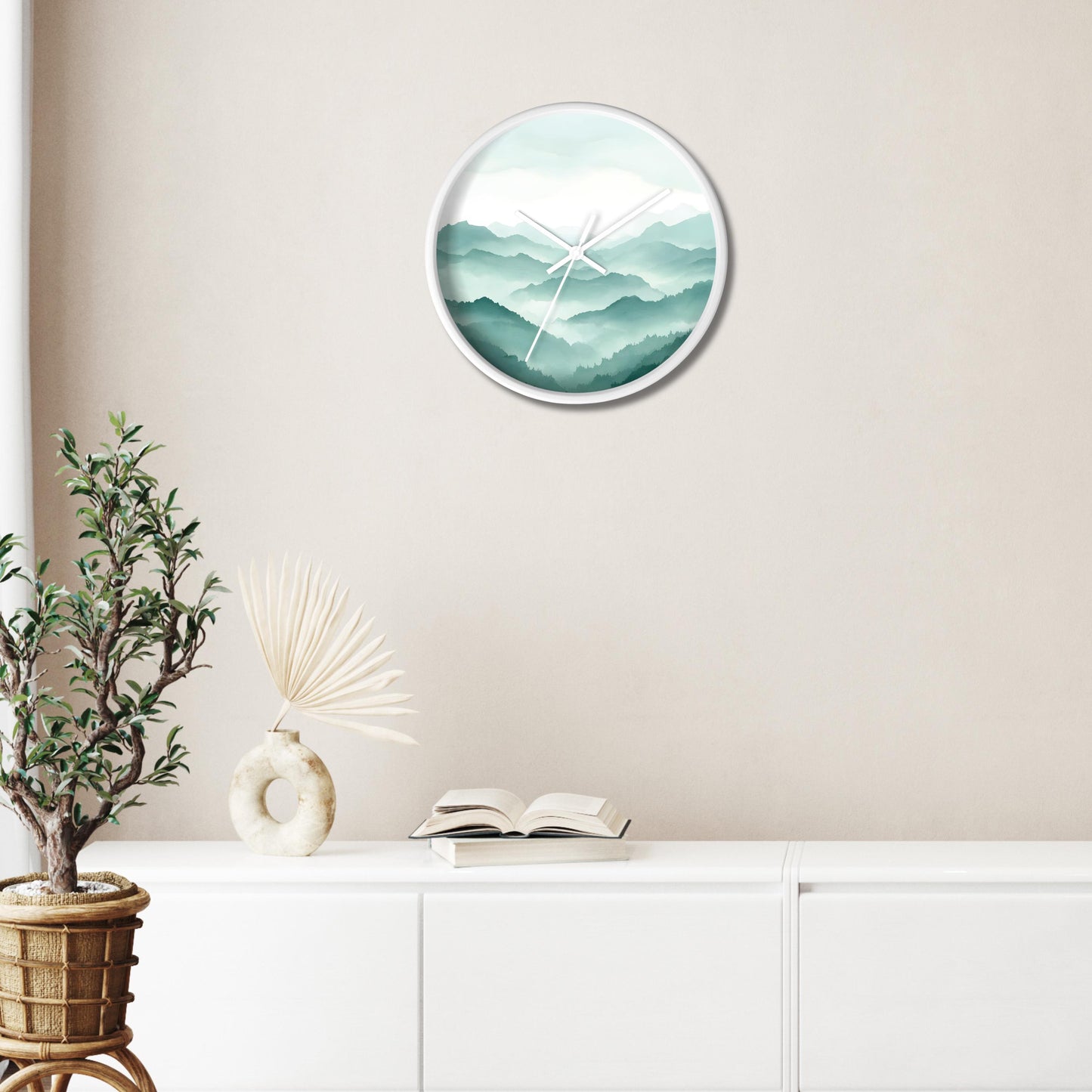 Contemporary Wall Clock Mountain Design Minimalist Wood Frame Nature Inspired Timepiece Modern Home Decor Living Room Accent Beautiful Teal White Gradient Premium Construction Square Shape Natural Wood Material Perfect Gift Present