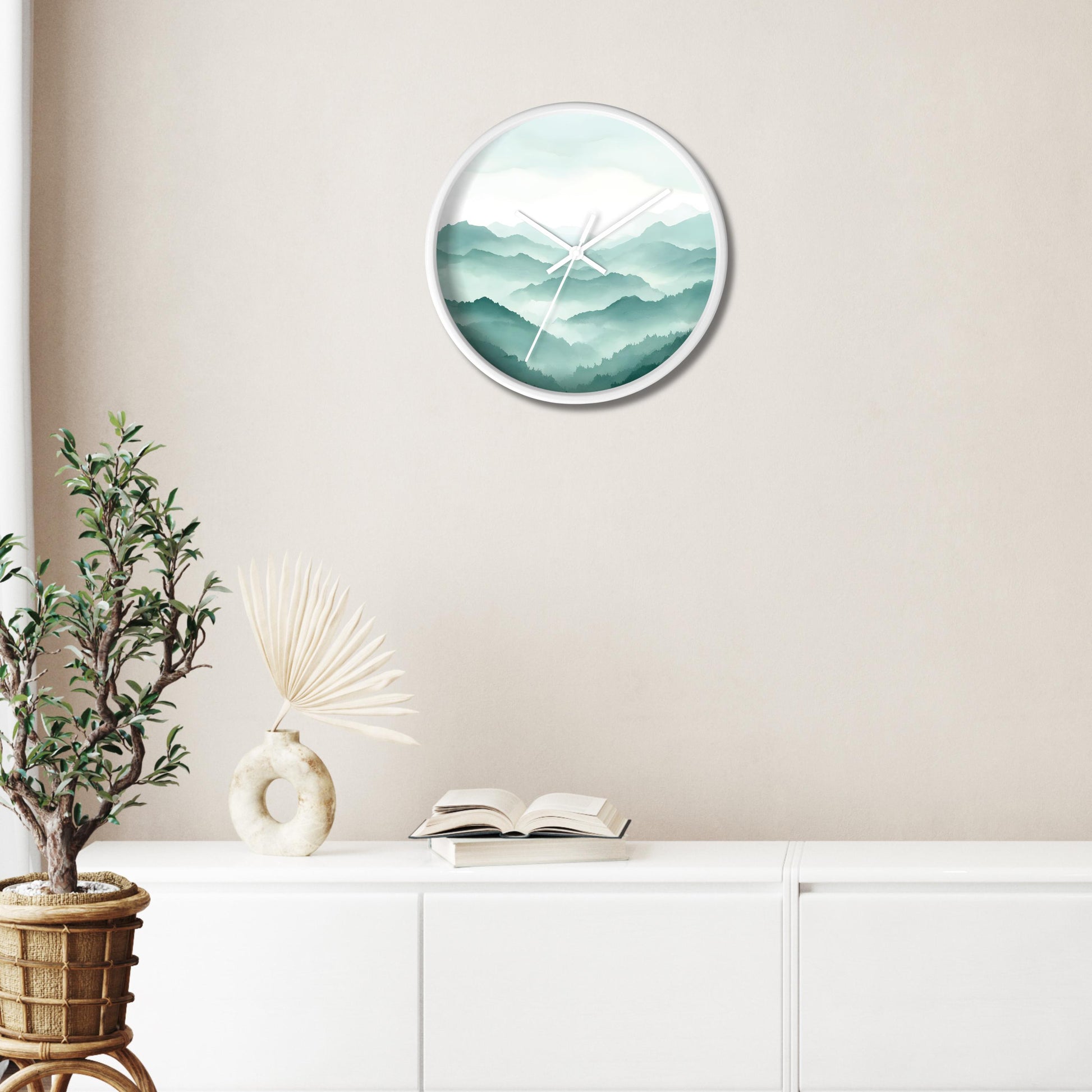 Contemporary Wall Clock Mountain Design Minimalist Wood Frame Nature Inspired Timepiece Modern Home Decor Living Room Accent Beautiful Teal White Gradient Premium Construction Square Shape Natural Wood Material Perfect Gift Present