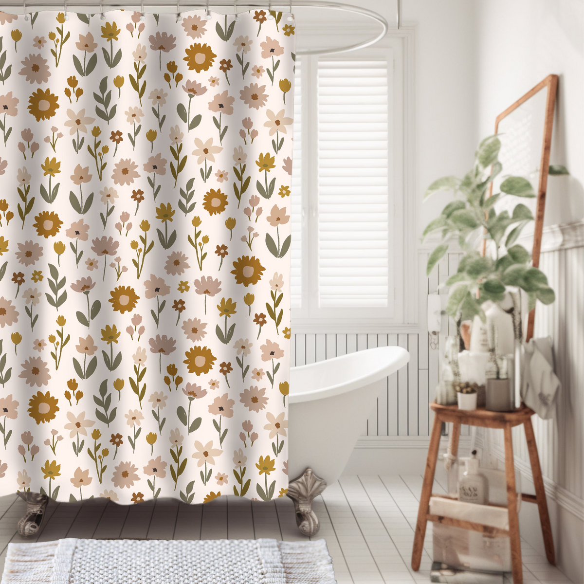 Bathroom with a floral shower curtain, white bathtub, and wooden stool with plants.
