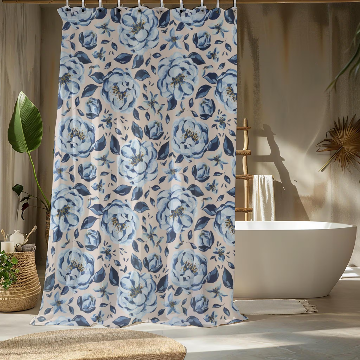 Floral patterned shower curtain in a bathroom setting with a bathtub and decor elements.