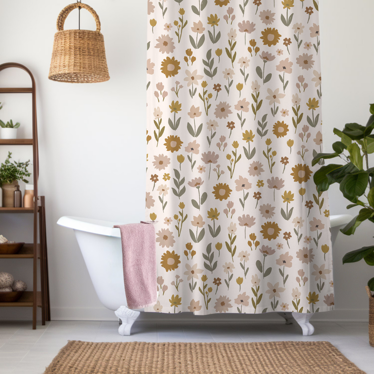 Floral shower curtain in a bathroom with a bathtub and rug.