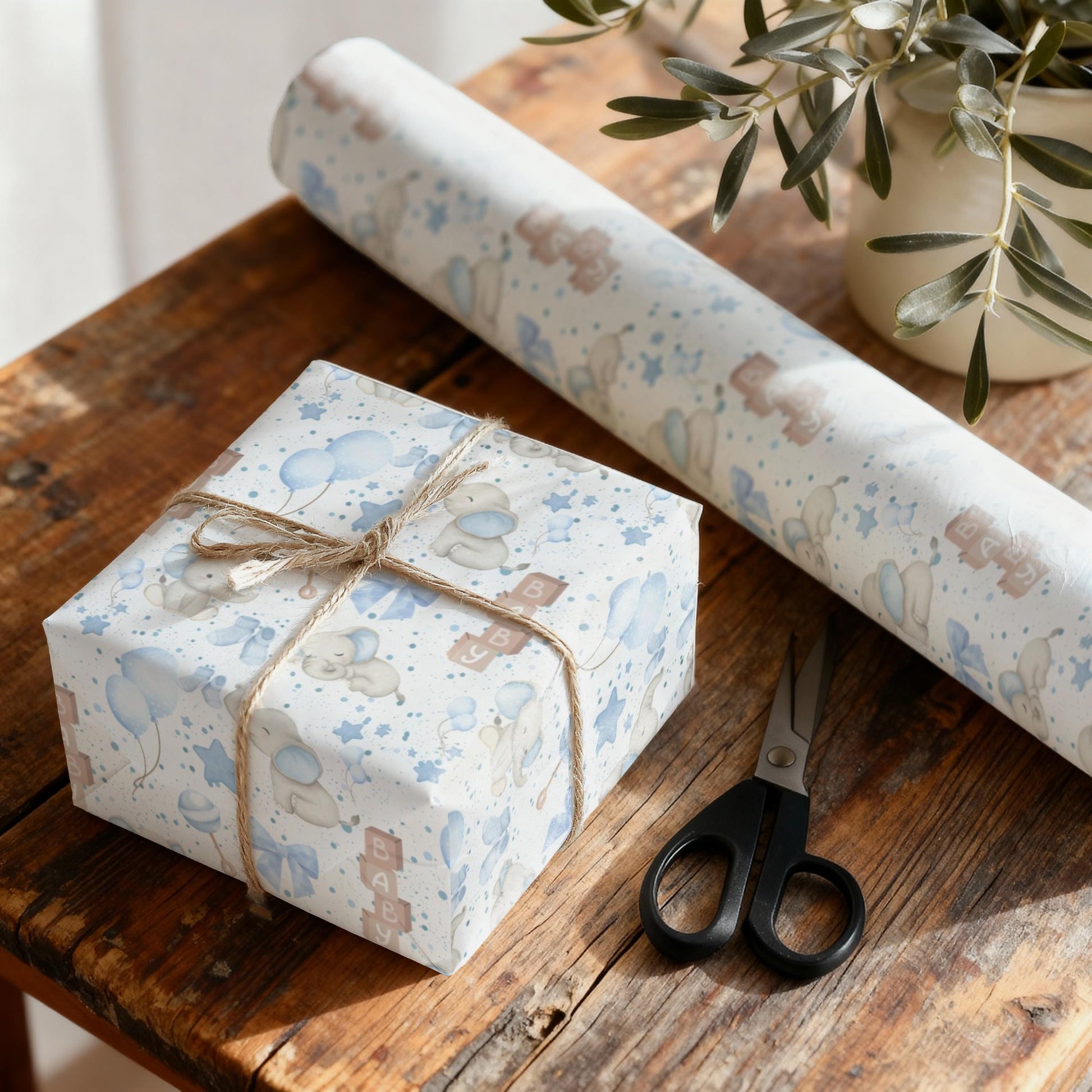 Neutral Nursery Gift Wrap Paper for Baby Shower Gift Paper Roll for His Baby Sprinkle Decoration Dusty Blue and Grey Wrapping Animal Theme