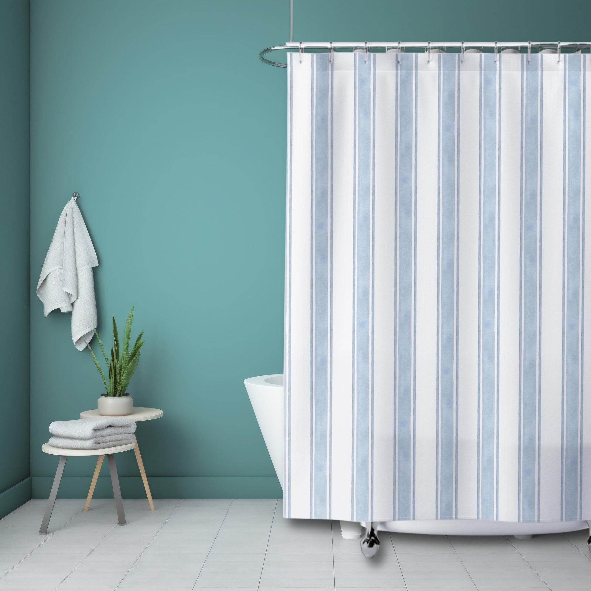 Nautical Ocean Theme Nursery Bath Coastal Shower Curtain Decor Beach House Bath Curtain Stripe Print Blue Minimalist Design Idea for Guest