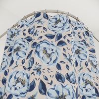 Blue floral patterned fabric on a metal hanger against a white background