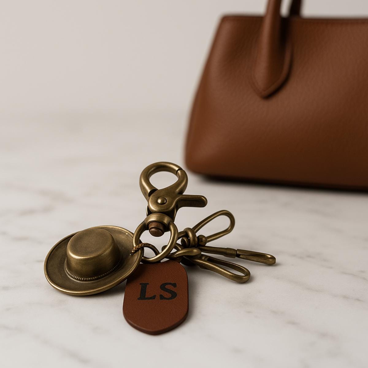Brass Cowboy Hat Charm Vegan Leather Keychain Add Engraved Initials Western Themed Gift for College Student Personalize Graduation Idea