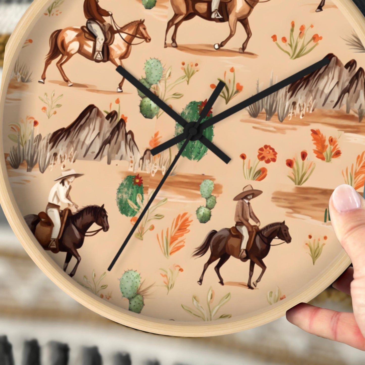 Cowboy Nursery Decor Baby Boy Bedroom Rustic Western Design Horse Ranch Theme Baby Shower Idea Primitive Scene Wall Clock for Toddler Room