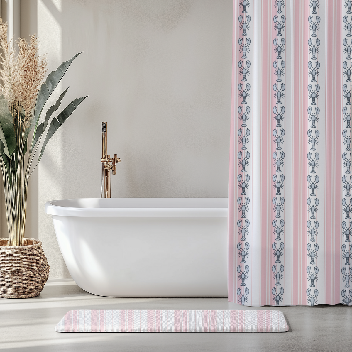 Bathroom with a freestanding bathtub, plant, and patterned pink and white shower curtain.