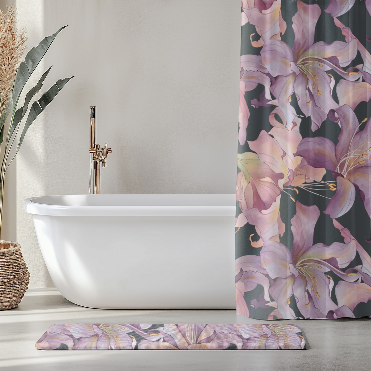Bathroom with a freestanding bathtub, floral shower curtain, and matching rug.