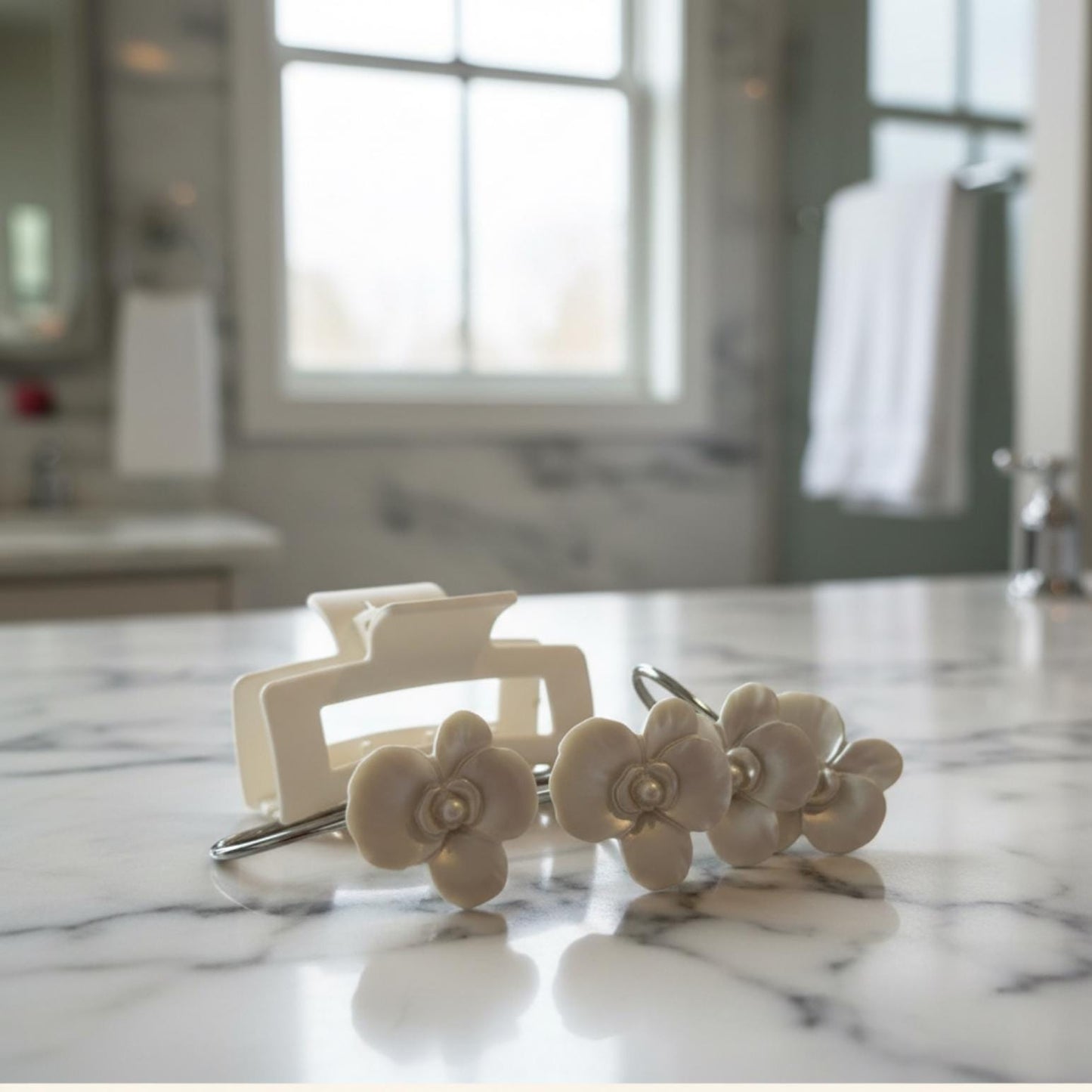 White Floral Curtain Hooks for Teen Bathroom