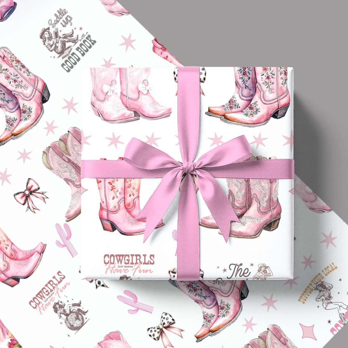 Pink Girly Cowgirl Birthday Gift Wrap Eco Friendly Western Style Design Party Collection Stars Pattern Details Multiple Size Options Beautiful Quality Construction Perfect Party Supply Essential Western Theme Material Professional Grade