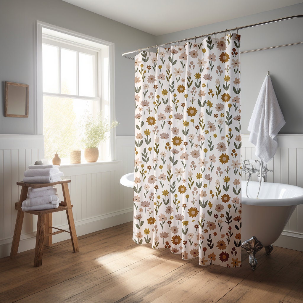 Retro Floral Shower Curtain Boho Wildflower Shower Curtain Farmhouse Beige Curtain Housewarming Gift for New Home Owner Boho Floral Shower Cover Minimalist Guest Bath
