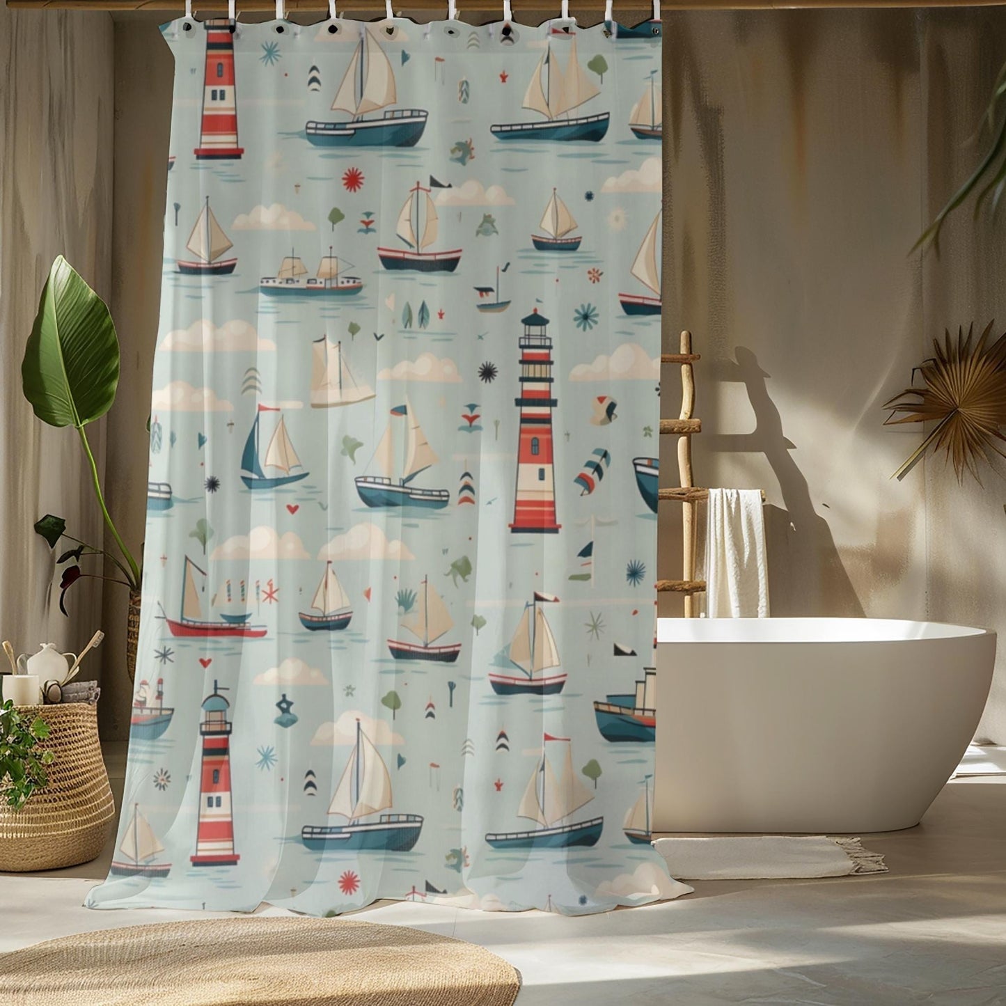 Nautical Shower Curtain Bathroom Set Coastal Theme Beach House Decoration Maritime Design Lighthouse Pattern Sailboat Motif Ocean Themed Bathroom Accessory Guest Bath Styling Complete Bathroom Collection Seaside Inspired Decor Water