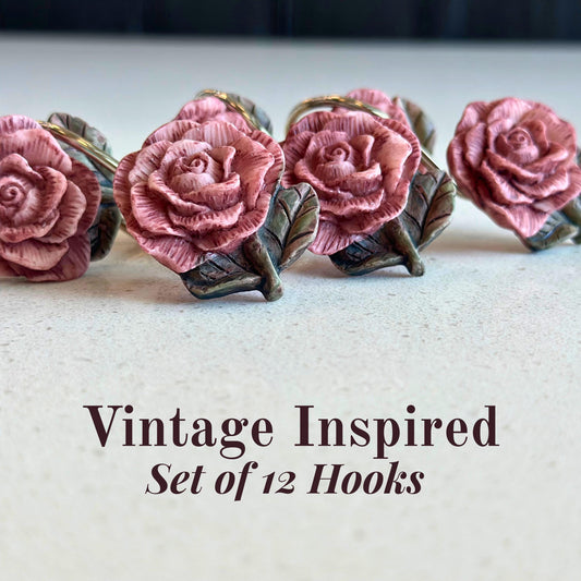 Victorian Shower Hooks Set Metal Rose Design Elegant Bathroom Hardware Collection Vintage Style Curtain Hooks Silver Finish Home Improvement Project Guest Bath Renovation Decorative Flower Pattern Hanging Accessories Antique Inspired