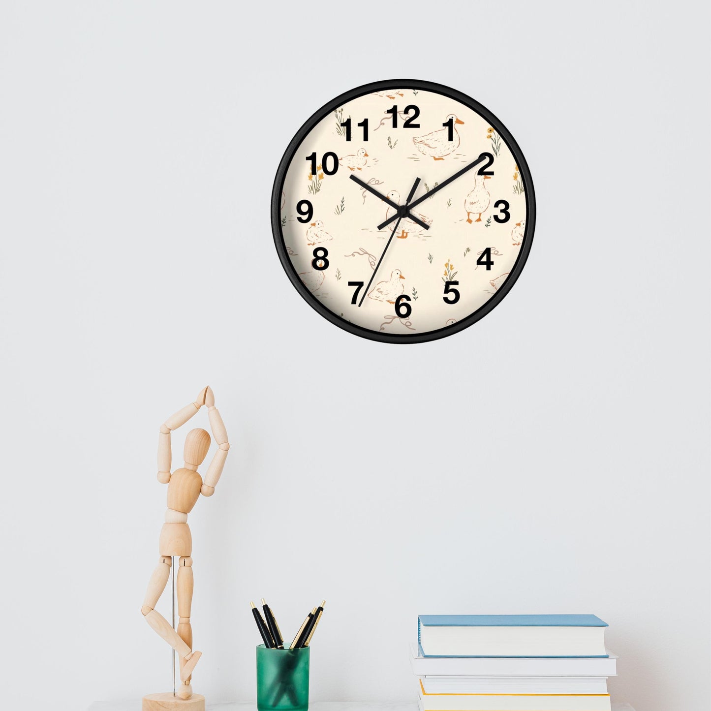 Nursery Duck Theme Neutral Playroom Line Drawn Duck Pattern Wall Clock Duckling Farmhouse Illustration Neutral Toddler Bedroom Decor