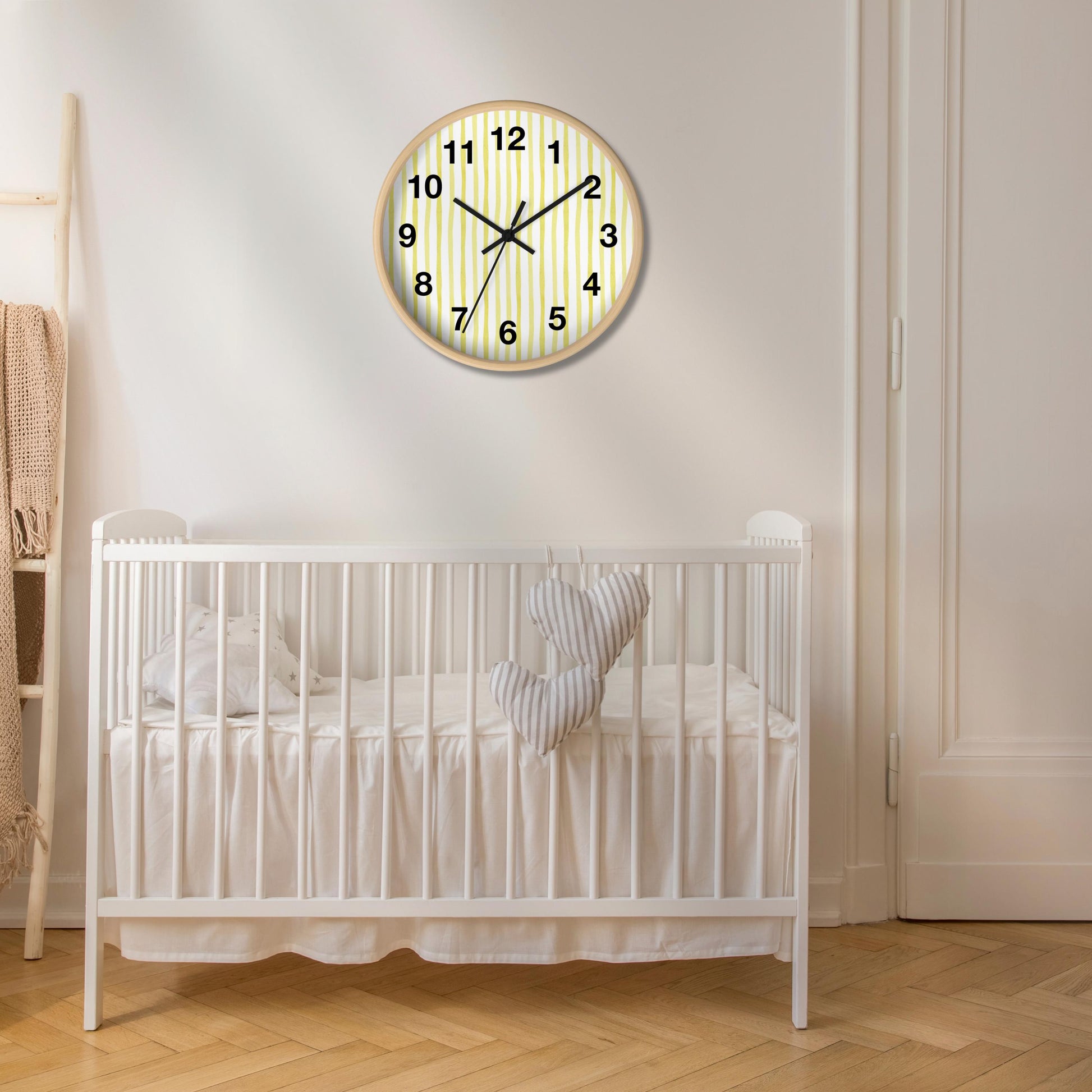 Minimalist Style Timepiece Yellow White Striped Clock Silent Mechanism Battery Operated Wall Clock Wood Frame Options Customizable Design Modern Kitchen Decoration Nursery Accent Bedroom Accessory Quiet Movement Ten Inch Square Plexiglass
