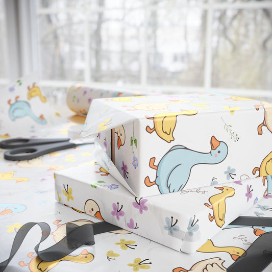 Duck Baby Shower Gift Wrapping Paper Cute Ducks in a Row Theme Gift Wrap Duckling Party Wrap Baby Shower Decorations Gift Wrap Roll Bulk Cute duck baby shower wrapping paper with pastel ducklings and flowers wrapped around gift boxes