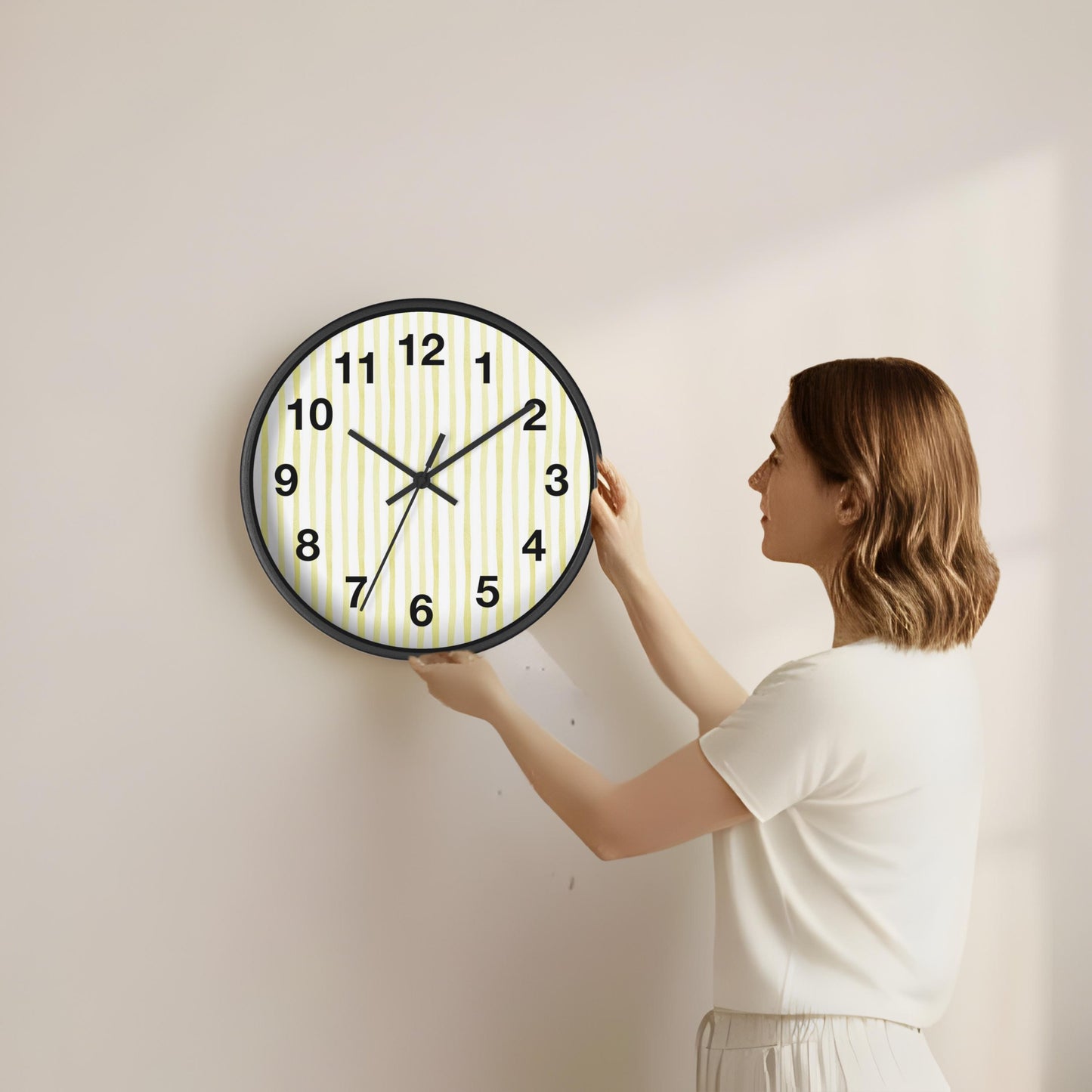 Nursery Minimalist Yellow Decor Striped Wall Clock Silent Mechanism Battery Operated Wall Timepiece Wood Frame Customizable Nursery Idea