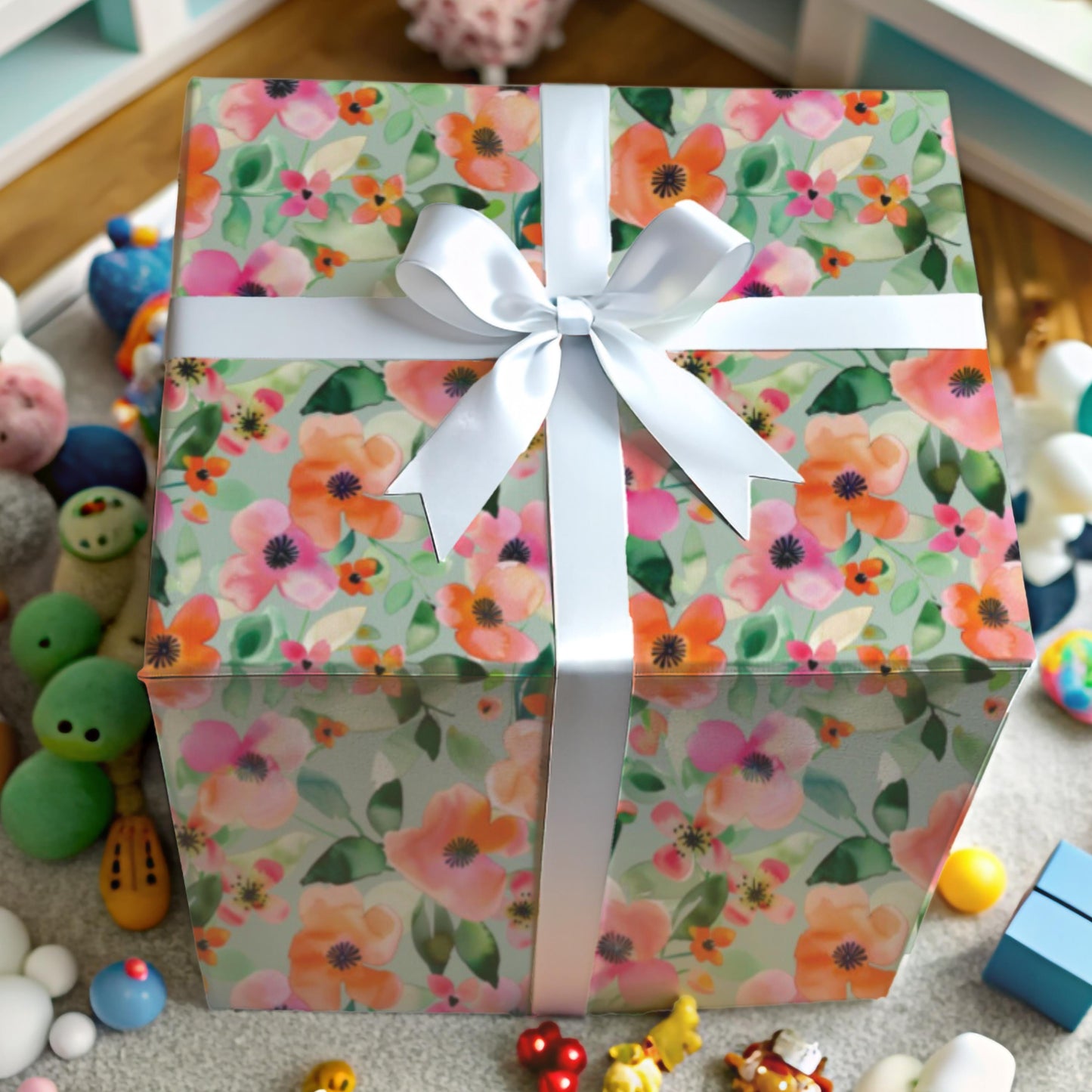 Pink Floral Pattern Wrapping Paper Coral Orange Flowers Light Background Design Elegant Gift Packaging Premium Quality Material Multiple Size Options Satin Finish Available Wedding Celebration Paper Birthday Present Wrap Beautiful Botanical