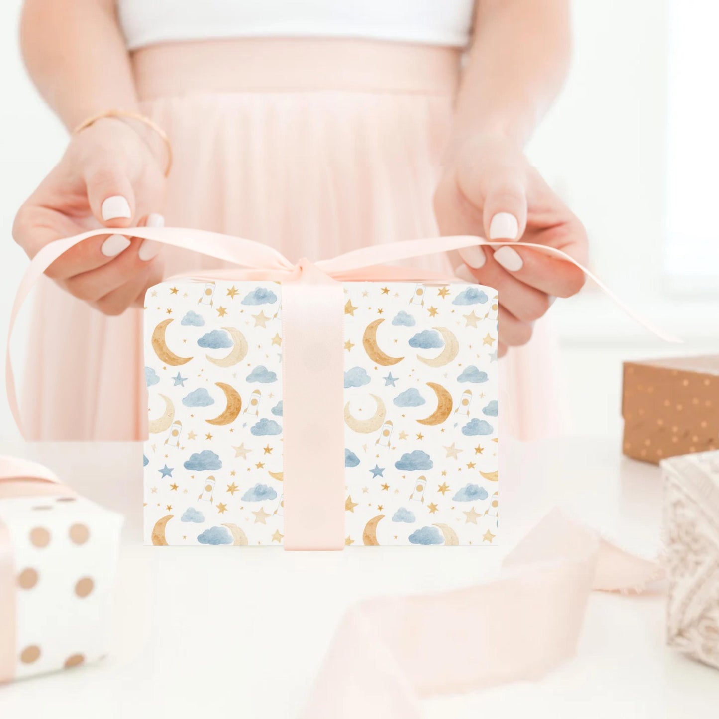 Moon Neutral Baby Shower Wrapping Paper Spaceship Nursery Party Gift Wrap New Baby Present for Space Birthday Theme