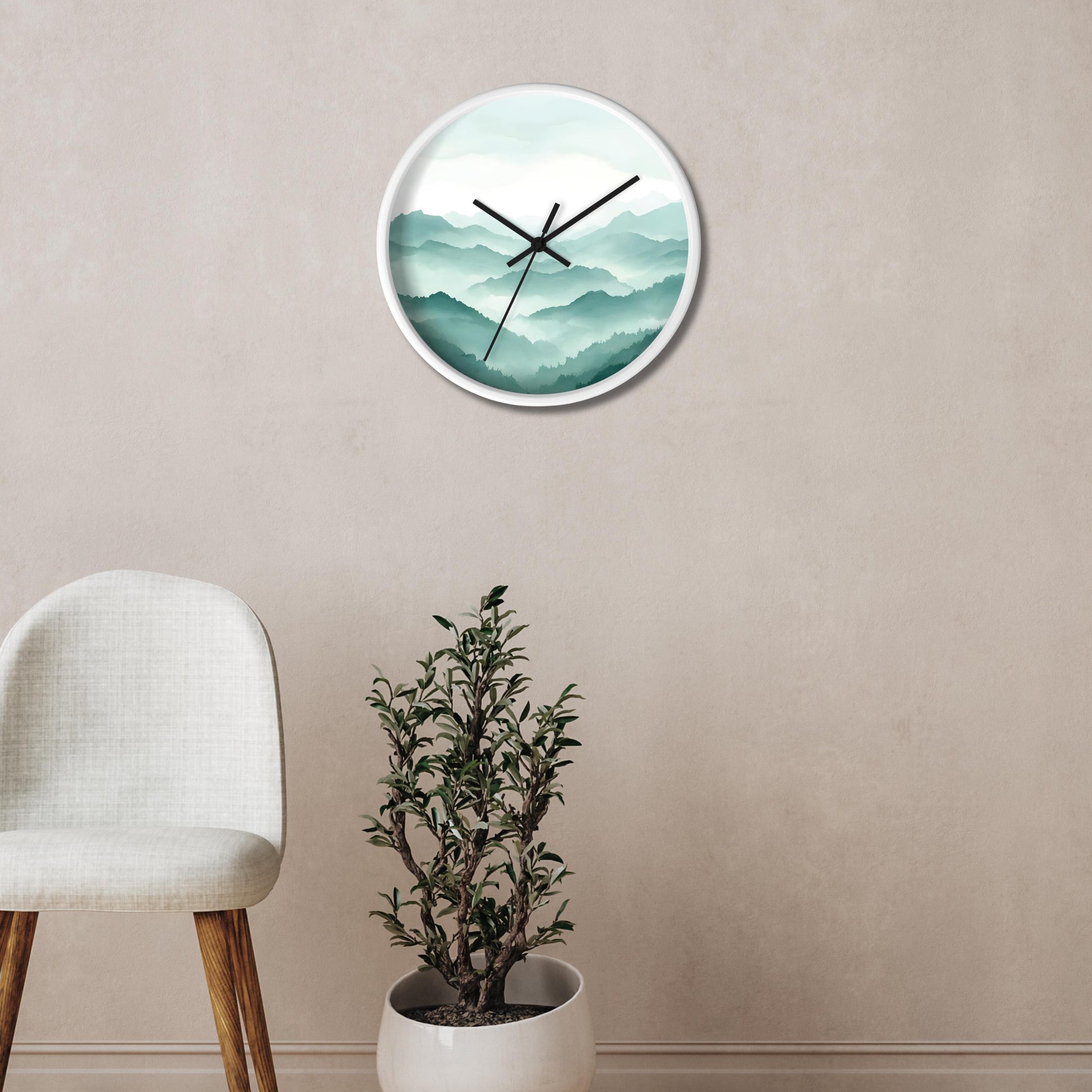 Nature Inspired Timepiece Minimalist Mountain Scene Clock Contemporary Wall Art Modern Home Decor Premium Wood Frame Living Room Bedroom Accent Beautiful Design Teal White Gradient Square Shape Natural Material Perfect Gift