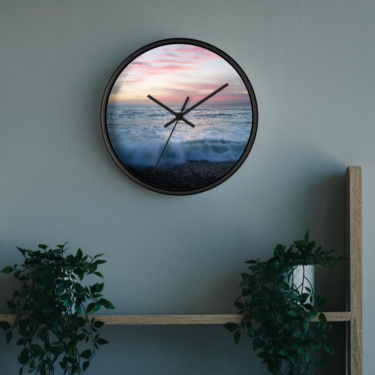 Coastal Living Wall Clock Beach House Timepiece Wooden Frame Construction Silent Operation Mechanism Ocean Sunset Artwork Design Nautical Theme Room Essential 10 Inch Diameter Size Plexiglass Face Protection Quartz Movement Technology