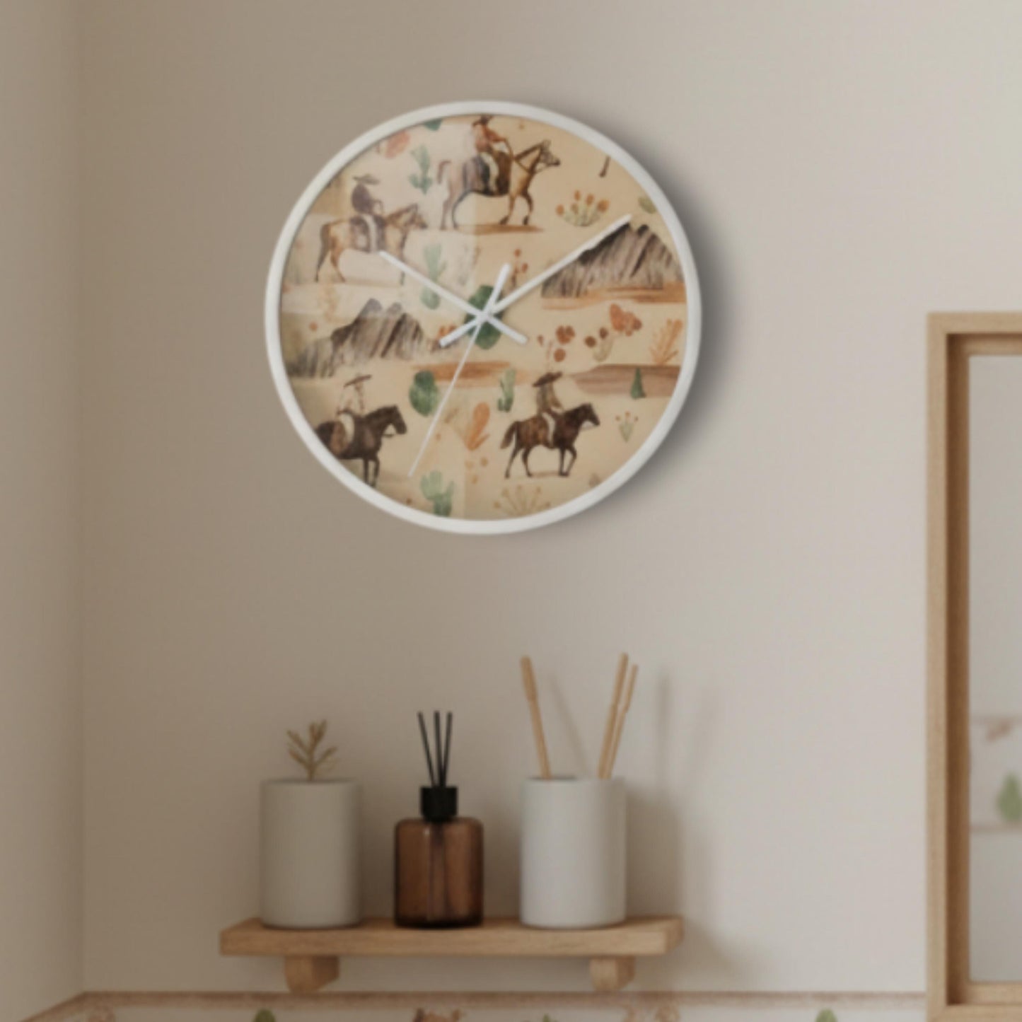 Western Nursery Wall Clock Cowboy Baby Room Decor Horse Theme Infant Bedroom Neutral Horse Wall Accent Silent Mechanism Playroom Idea