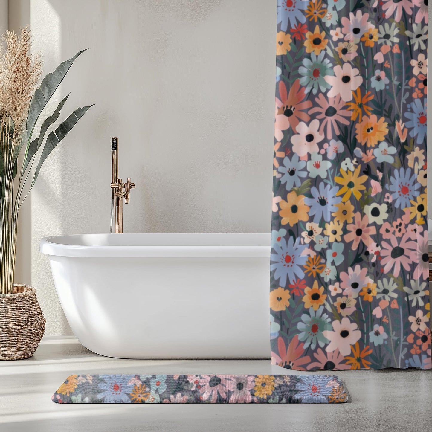 Modern Floral Bathroom Set Shower Curtain Bath Mat Wildflower Design Colorful Decoration Spring Theme Cottage Style Pink Blue Yellow Orange Flowers Dark Gray Background Botanical Pattern Standard Size Beautiful Home Accessories Nature