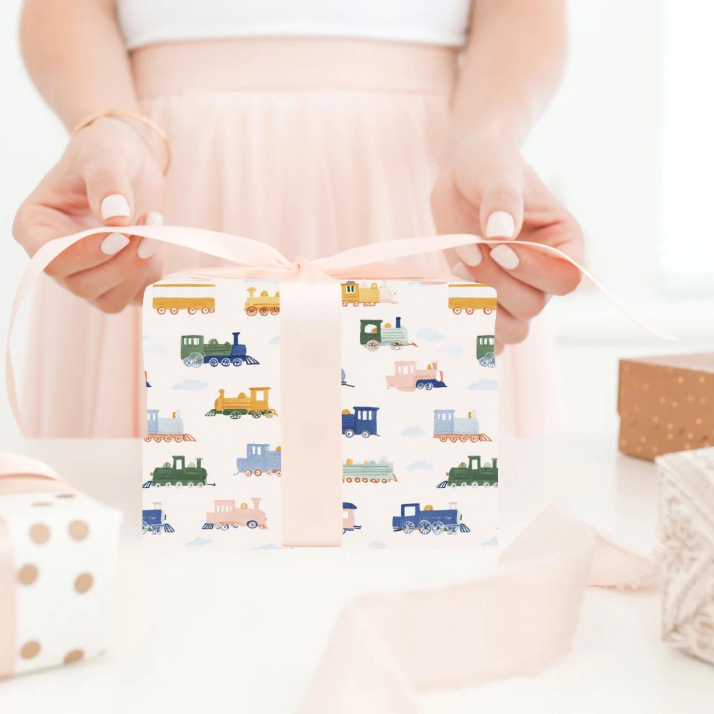 Train Wrapping Paper Girl Birthday Gift Wrap Kids Birthday Party Paper Pastel Train Gift Wrap Girls Party Decoration Wrapping Roll