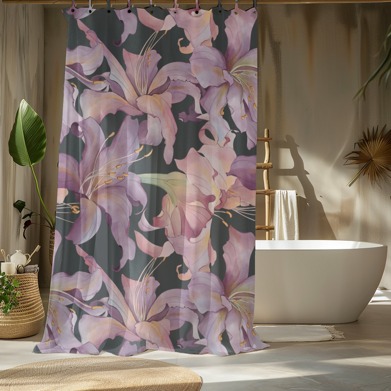 Floral shower curtain in a bathroom with a bathtub and decorative elements.
