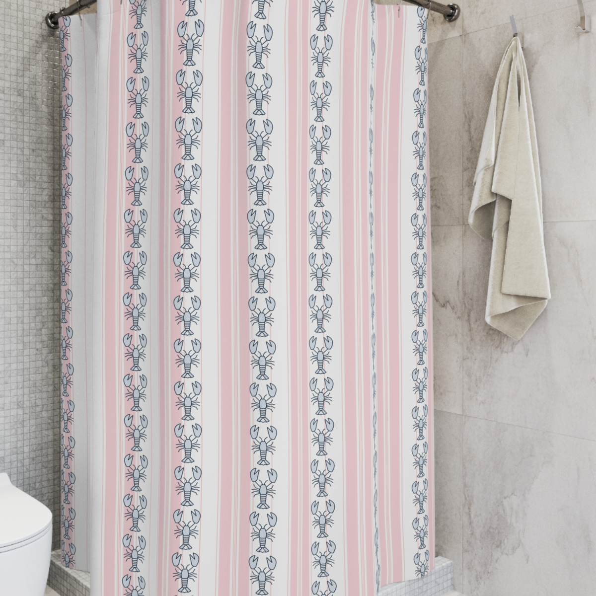 Shower curtain with lobster pattern on a striped background in a bathroom setting.
