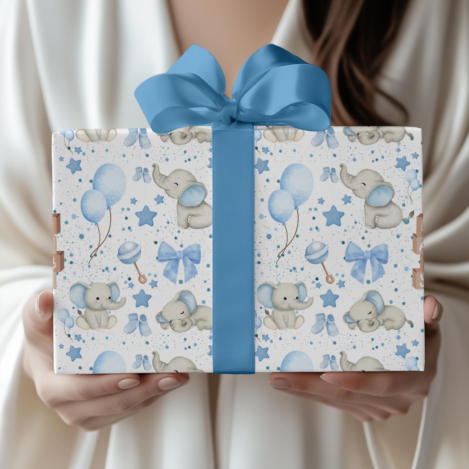 Neutral Nursery Gift Wrap Paper for Baby Shower Gift Paper Roll for His Baby Sprinkle Decoration Dusty Blue and Grey Wrapping Animal Theme