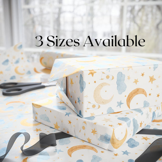 Space Nursery Wrapping Paper Moon and Stars Gift Wrap Neutral Baby Boy Gift Idea Modern Outer Space Decor Wrapping Paper