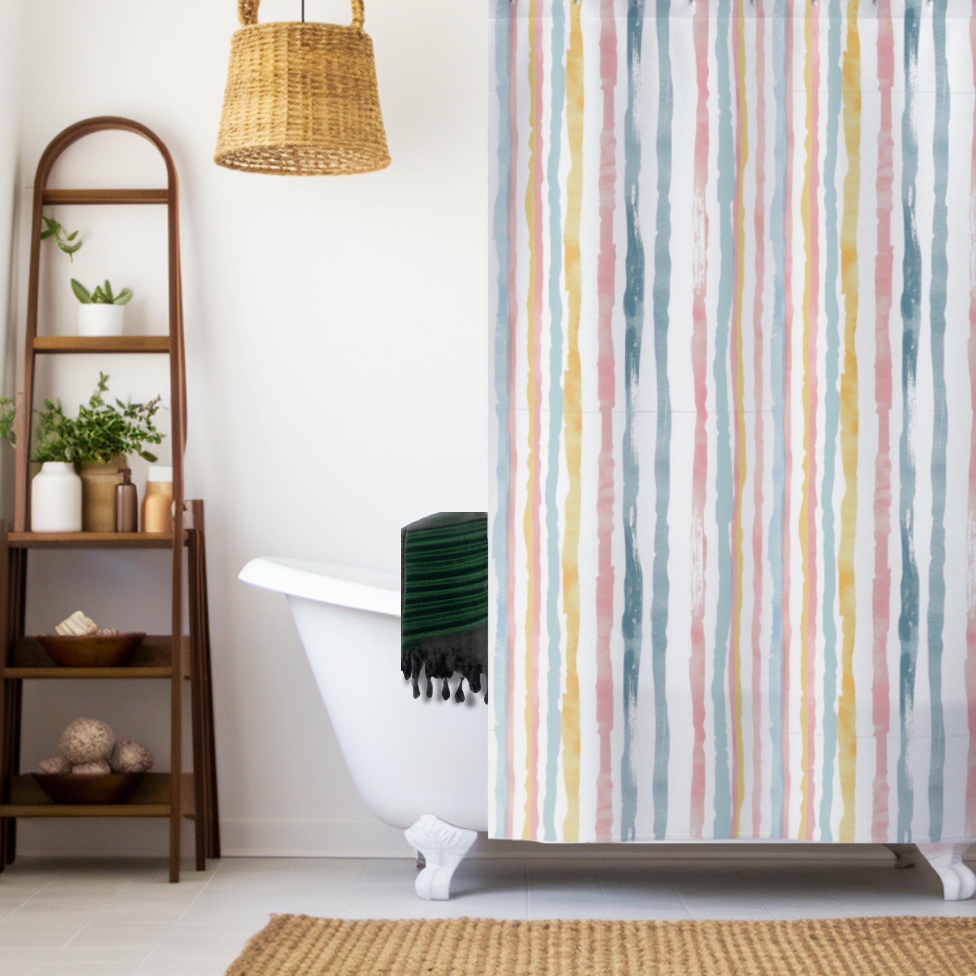 Pastel Stripe Home Decor Guest Bathroom Renovation Irregular Stripe Design Shower Curtain and Marching Bath Mat Teen Restroom Idea for Her