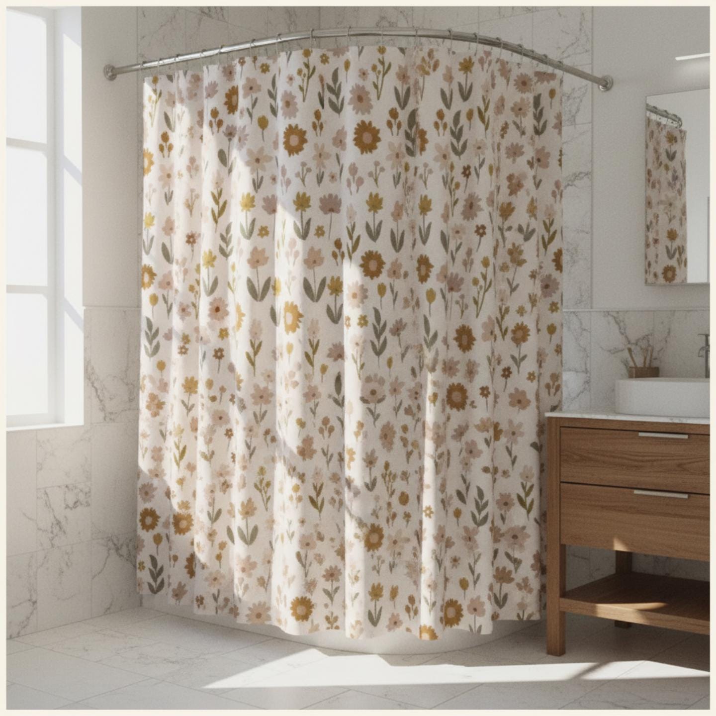 Boho Wildflower Shower Curtain Farmhouse Beige Curtain Housewarming Gift for New Home Owner Boho Floral Shower Cover Minimalist Guest Bath